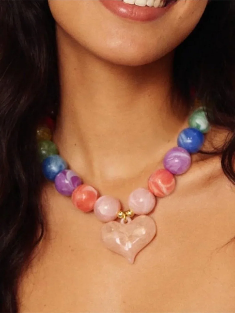 Anthropologie Rainbow Beaded Necklace with Pink Heart Pendant_5